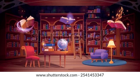 Magic library. Wizards school cartoon interior bookstore bookcase with old magical books alchemy book bookshelf, witch secret room bookcases classroom swanky vector illustration