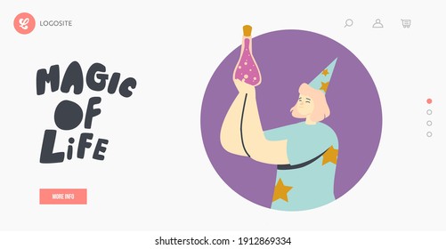 Magic of Life Landing Page Template. Magician Girl in Costume and Hat Holding Potion Glass Bottle. Big Top Circus Magic Character, Illusionist Perform Trick. Cartoon People Vector Illustration