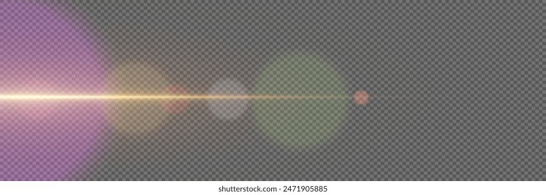 The magic of light with camera flare. Light line of bright light. On a transparent background.