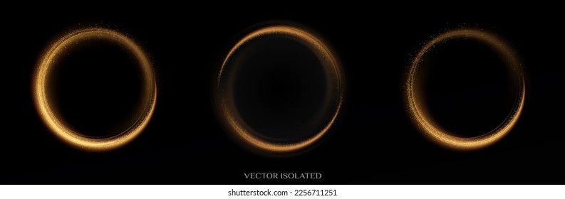 Magic light circle png. Festive round frame with light effect and golden glitter dust. Light circle for your advertising, invitations, games, holiday words, shops, websites. Vector 100%.	
