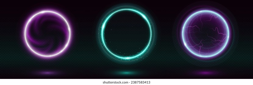 Magic light circle portal with blue neon glow effect. Abstract 3d circular energy swirl. Round speed frame with flare and spiral lightning. Fantasy electric power orb time teleport to multiverse.