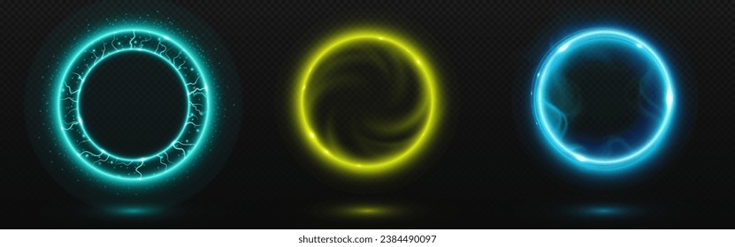 Magic light circle portal with neon effect. Realistic vector illustration set of glowing energy rings for movement in time and space. Fantastic electric shining round frame on transparent background.