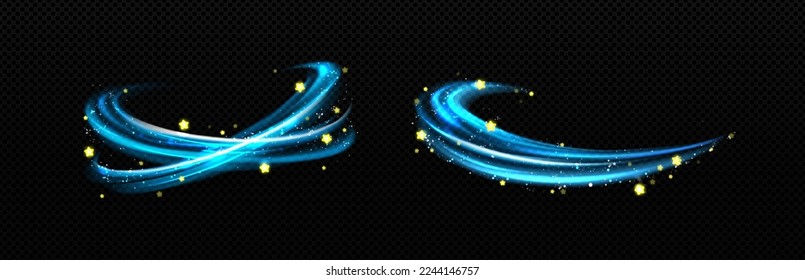 Magic light effect, blue air or wind flow with golden stars. Glow swirl trail, dream power motion with sparkles isolated on transparent background, Realistic 3d vector illustration