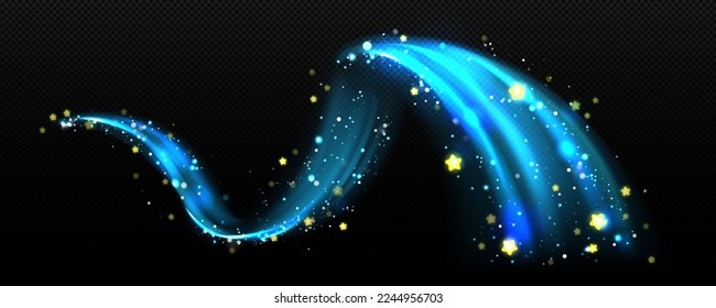 Magic light effect, blue air wave or wind flow with golden stars. Glow trail, dream power stream motion with sparkles isolated on transparent background, Realistic 3d vector illustration