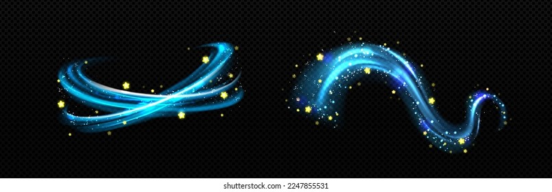 Magic light effect, blue air wave or wind flow with golden stars. Glow swirl trail, dream power motion with sparkles isolated on transparent background, Realistic 3d vector illustration