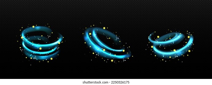 Efecto de luz mágica, aire azul o flujo de viento con estrellas de brillo. Trayecto giratorio brillante, movimiento de potencia de sueño con destellos aislados en fondo transparente, ilustración 3d vectorial realista