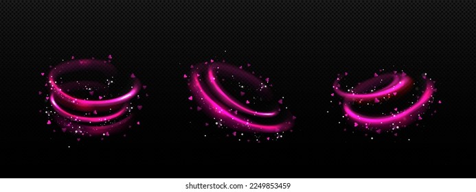 Efecto de luz mágica, giro de aire rosado o viento con corazones mordaces. Trayecto giratorio brillante, movimiento de poder de amor de sueño con chispas aisladas en un fondo transparente, ilustración 3d vectorial realista