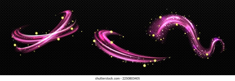 Magic light effect, pink air or wind flow with twinkle stars. Glow swirl trail, dream power motion with sparkles isolated on transparent background, Realistic 3d vector illustration