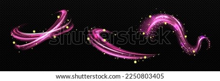 Magic light effect, pink air or wind flow with twinkle stars. Glow swirl trail, dream power motion with sparkles isolated on transparent background, Realistic 3d vector illustration