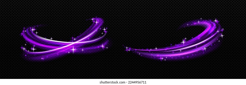 Magic light effect, purple air or wind flow with twinkle stars. Glow swirl trail, dream power motion with sparkles isolated on transparent background, Realistic 3d vector illustration