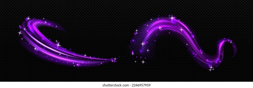 Magic light effect, purple air or wave wind flow with twinkle stars. Glow swirl trail, dream power stream motion with sparkles isolated on transparent background, Realistic 3d vector illustration