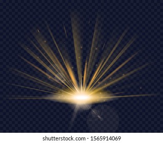 Magic light effect with rays, star dust, center glow on transparent background. Christmas light and sparkles. Glowing burst and lens flare effect. Magical light.