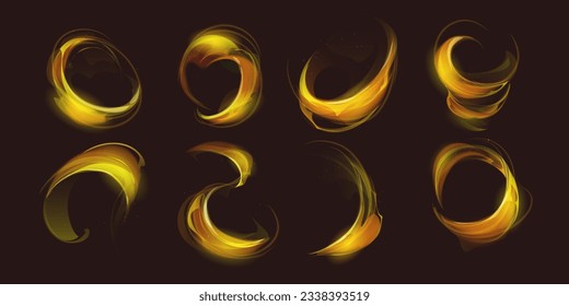 Magic light effect swirl with neon sparkle shine. Flare ring motion glow isolated dynamic particle. Abstract fold twirl element with glitter dust and bright flash. Futuristic isolated golden vortex