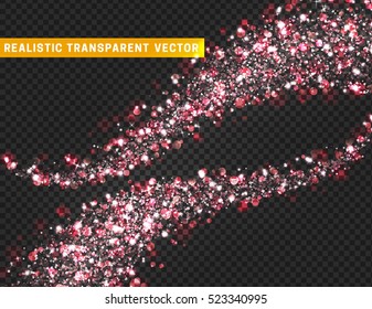 Magic light effect texture. Realistic particle glitter stars, hearts, circles spots. Beautiful bright design element for cards. Decoration on holidays Christmas, Valentine's Day. Isolated glitter