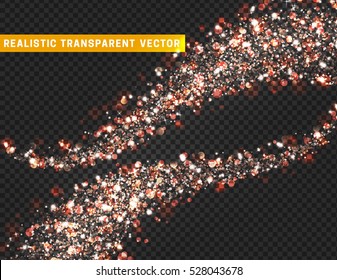Magic light effect texture. Realistic particle glitter stars, hearts, circles spots. Beautiful bright design element for cards. Decoration on holidays Christmas, Valentine's Day. Isolated glitter 