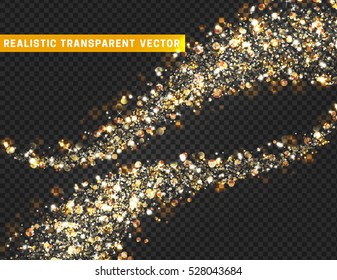 Magic light effect texture. Realistic particle glitter stars, hearts, circles spots. Beautiful bright design element for cards. Decoration on holidays Christmas, Valentine's Day. Isolated glitter 