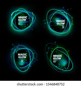 Magic light effects. Illustration isolated on dark background. Mystical portal. Bright sphere lens. Rotating lines. Glow ring. Magic neon ball. Abstract design logo. Vector. Eps10