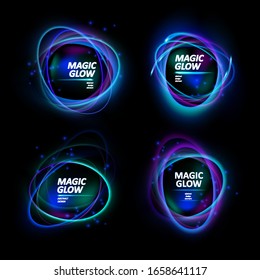 Magic light effects. Illustration isolated on dark background. Mystical portal. Bright sphere lens. Rotating lines. Glow ring. Magic neon ball. Abstract design logo. Vector. Eps10