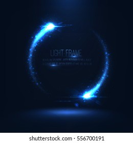 Magic light frame consist of glowing particles on transparent  . Abstract comets with lens flare effect and bokeh . Flashes  randomly located  . Vector illustration for your design
