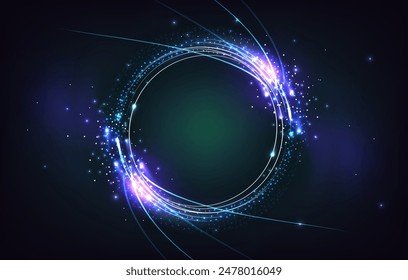 Magic light glow circle portal for game ui design. Realistic 3d vector blue neon line round frame with sparkles. Fantasy futuristic energy ring. shine circular vortex with swirl motion effect.