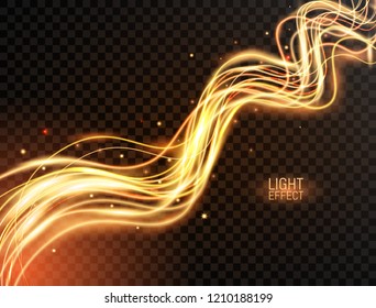 Magic light. Gold wavy dynamic lines with sparkles on transparent background. Futuristic waves in speed motion. Glowing swirl trail. Light painting effect. Vector illustration.