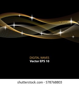 Magic light, golden shiny waves and sparkling stars. Modern abstract background. Vector eps 10