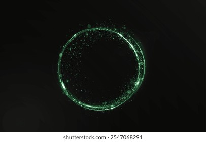 Círculo verde de luz mágica png. Marco redondo festivo con efecto de luz y polvo de purpurina verde. Círculo ligero para su publicidad, invitaciones, juegos, palabras de vacaciones, tiendas, Sitios web. 