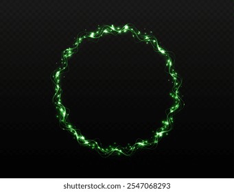 Círculo verde de luz mágica png. Marco redondo festivo con efecto de luz y polvo de purpurina verde. Círculo ligero para su publicidad, invitaciones, juegos, palabras de vacaciones, tiendas, Sitios web. 