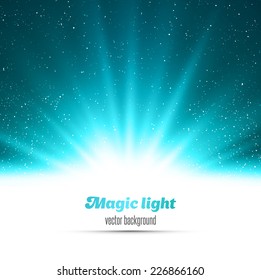 Magic light holiday background. Blue burst and snow