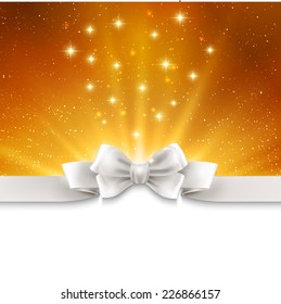 Magic light holiday background. Gold burst, star and ribbon