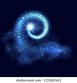 Magic light swirl. Blue glowing spiral wave with shiny star and sparkles. Abstract night galaxy background. Vector illustration