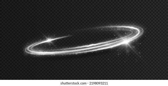 Magic light trail with sparkles particles. Space wavy lines twinkle on transparent background.