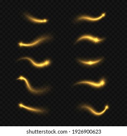 Magic light trails abstract christmas decoration. Shimmering golden waves with glitter vector set. Glowing glitter sparkles.