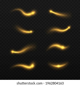 Magic light trails abstract christmas decoration. Shimmering golden waves with glitter vector set. Glowing glitter sparkles.