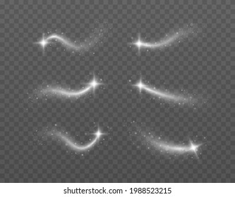 Magic light trails abstract christmas decoration. Shimmering silver waves with glitter vector set. Glowing glitter sparkles.