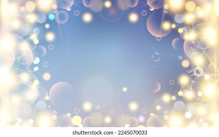 Magic lights of bokeh with golden blur soft light on sunset background. Abstract vector illustration of sky with galaxy made blurry bokeh