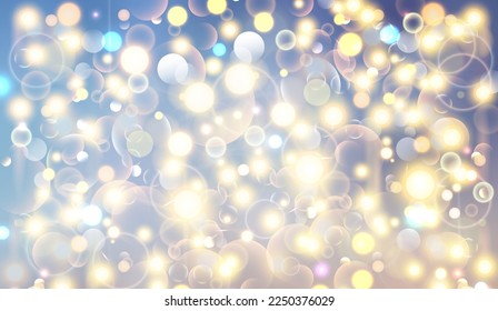 Magic lights of bokeh with golden blur soft light on sunset background. Abstract vector illustration of sky with galaxy made blurry bokeh