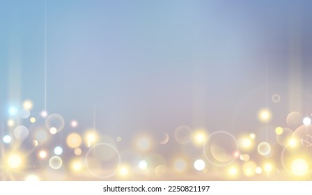 Magic lights of bokeh with golden blur soft light on sunset background. Abstract vector illustration of sky with galaxy made blurry bokeh