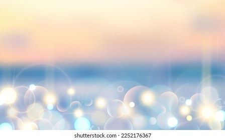 Magic lights of bokeh with golden blur soft light on sunset background. Abstract vector illustration of sky with galaxy made blurry bokeh