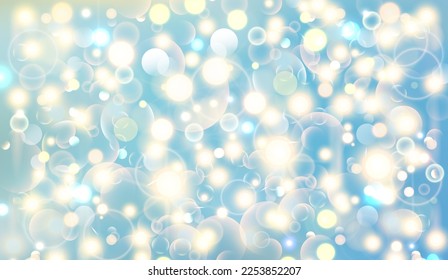 Luces mágicas de bokeh con luz suave de color dorado sobre fondo del cielo de sol. Resumen Ilustración vectorial cielo azul con bokeh borroso hecho en galaxia