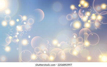 Magic lights of bokeh with golden blur soft light on sunset background. Abstract vector illustration of sky with galaxy made blurry bokeh