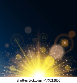 Magic lights on a blue background transparent. Solar glow, lens effect, the solar flare. Bright design. Vector illustration