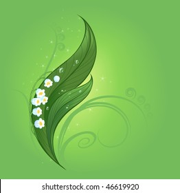 magic lily of the valley with a clear drop of dew on the beautiful green leaves painted on a green glowing background