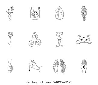 Magic line vector icon set, Witchcraft Illustrations, Editable stroke, Celestial icons, Outline icons, Boho icons, Mystic, Tattoo design, Embroidery