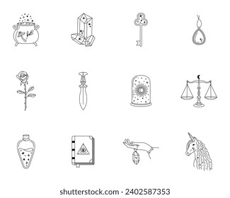 Vektorsymbol-Set der Magie, Illustrationen der Hexerei, Bearbeitbarer Strich, Himmelssymbole, Symbole der Linien, Boho-Symbole, Mystik, Tattoo-Design, Stickereien