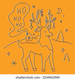 Magic linear Christmas and New Year deer clipart set. Cute and folk festive elk. Winter floral elements. Wild nature vector illustration.