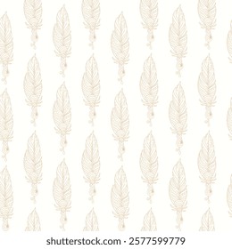 Magic linear feathers and stars seamless pattern. Vector illustration in ethnic style. Magic and witchcraft white background, astrology. For wallpaper, fabric, packaging, astrology and wrapping paper