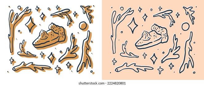 Magisches lineares Gartenkuchenklammer-Set. Cute-Kuchen-Pflanze. Volkskunst-Natursammlung. Wald- und Gartenelemente. Wilde Natur, Vektorgrafik.