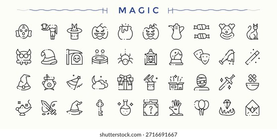 Conjunto de ícone linear mágico. Pictogramas de entretenimento, mágico, bruxo, varinha e muito mais. Conjunto de ícones de linha do assistente. Ícones mínimos da moda. Arte vetorial e ilustração editáveis.