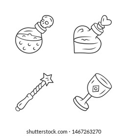 Magic linear icons set. Magical death and love potions, witch wand, ceremonial chalice. Witchcraft, occult ritual item. Thin line contour symbol. Isolated vector outline illustrations. Editable stroke